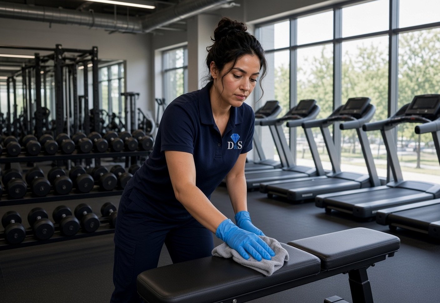 Reinigungsteam desinfiziert Geräte in einem Fitnessstudio