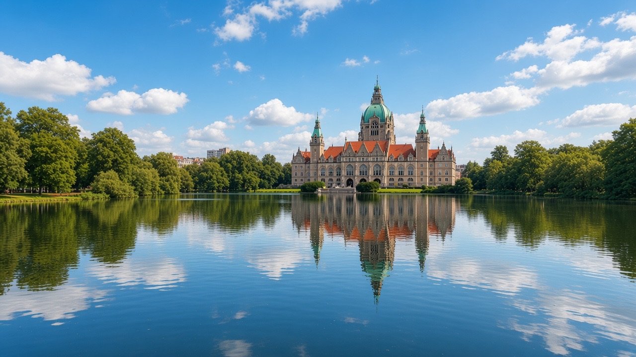 Hannover Neues Rathaus am Maschteich, Blick über den See