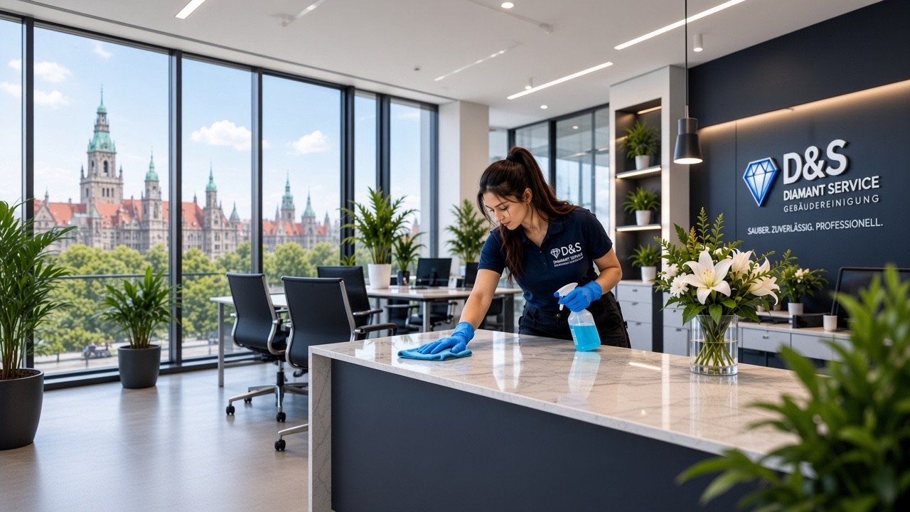Reinigungskraft von D&S Diamant Service im modernen Büro